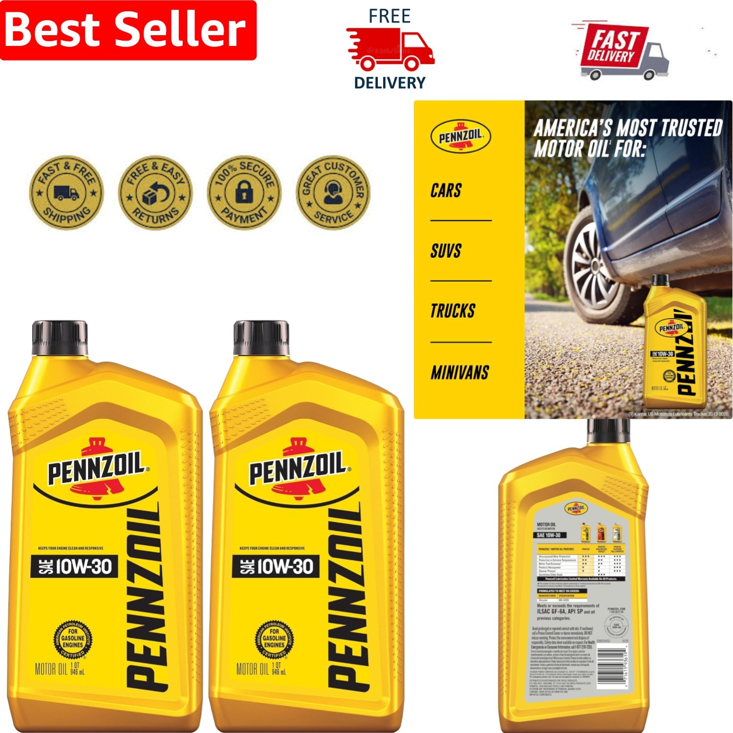 Pack of 2 Pennzoil 10W-30 Conventional Motor Oil – Optimal Engine Efficiency