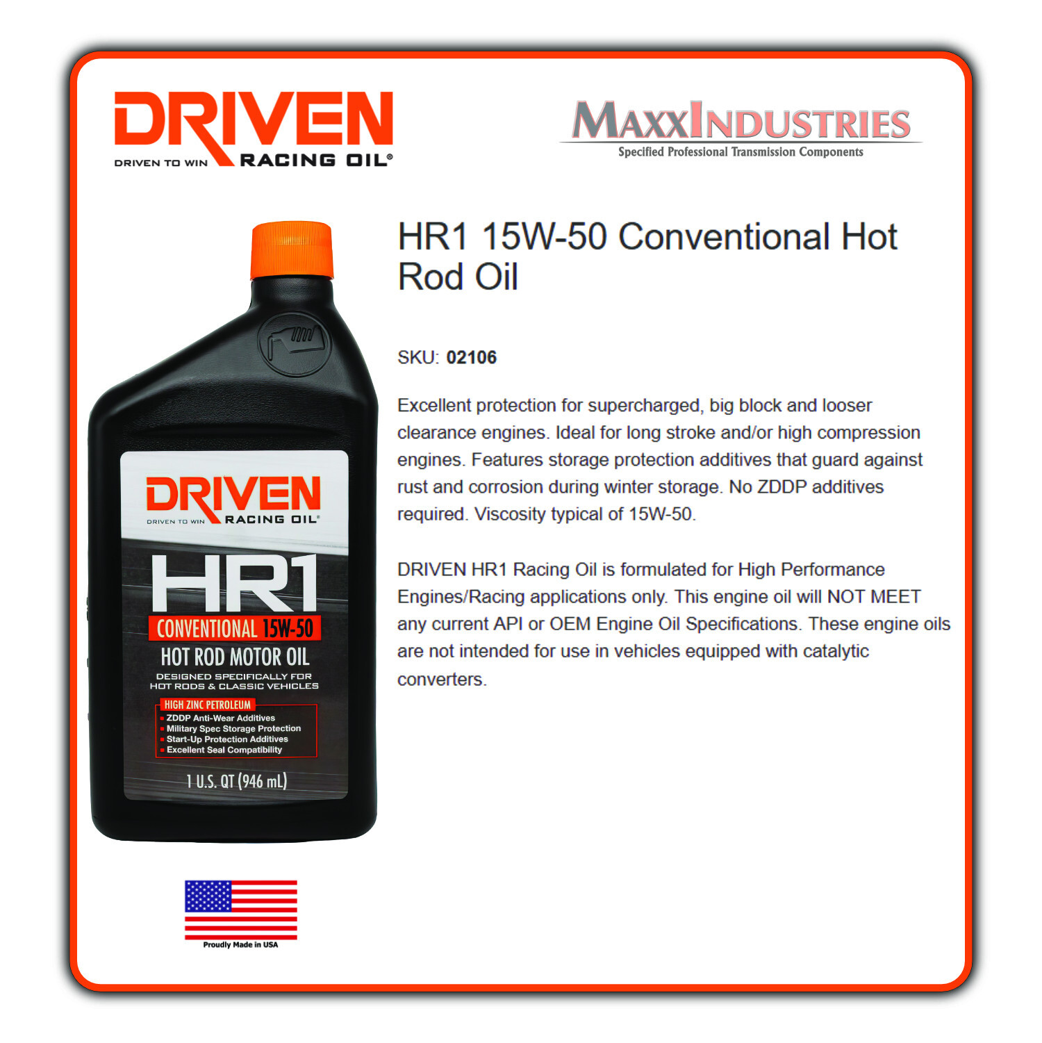Driven Motor Oil – HR1 Hot Rod Oil – High Zinc – 15W50 – Conventional – 1 qt