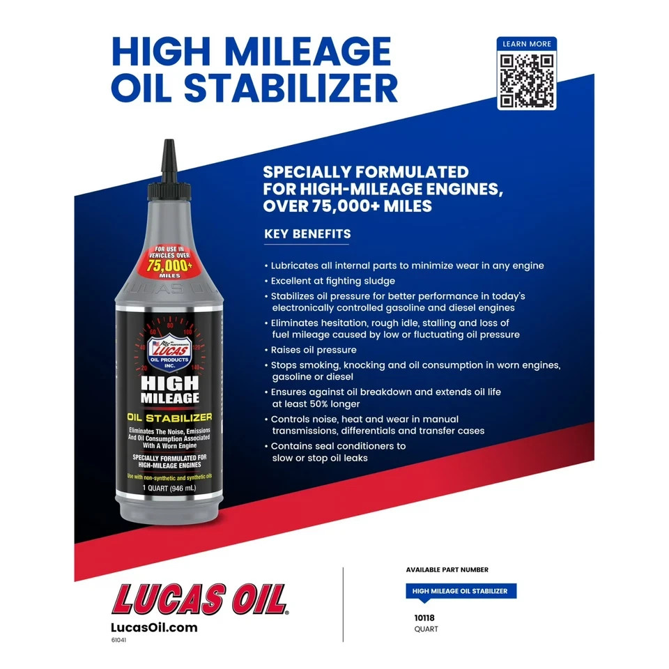 (2 pack) Lucas Oil Products High Mileage Oil Stabilizer (1 qt.)