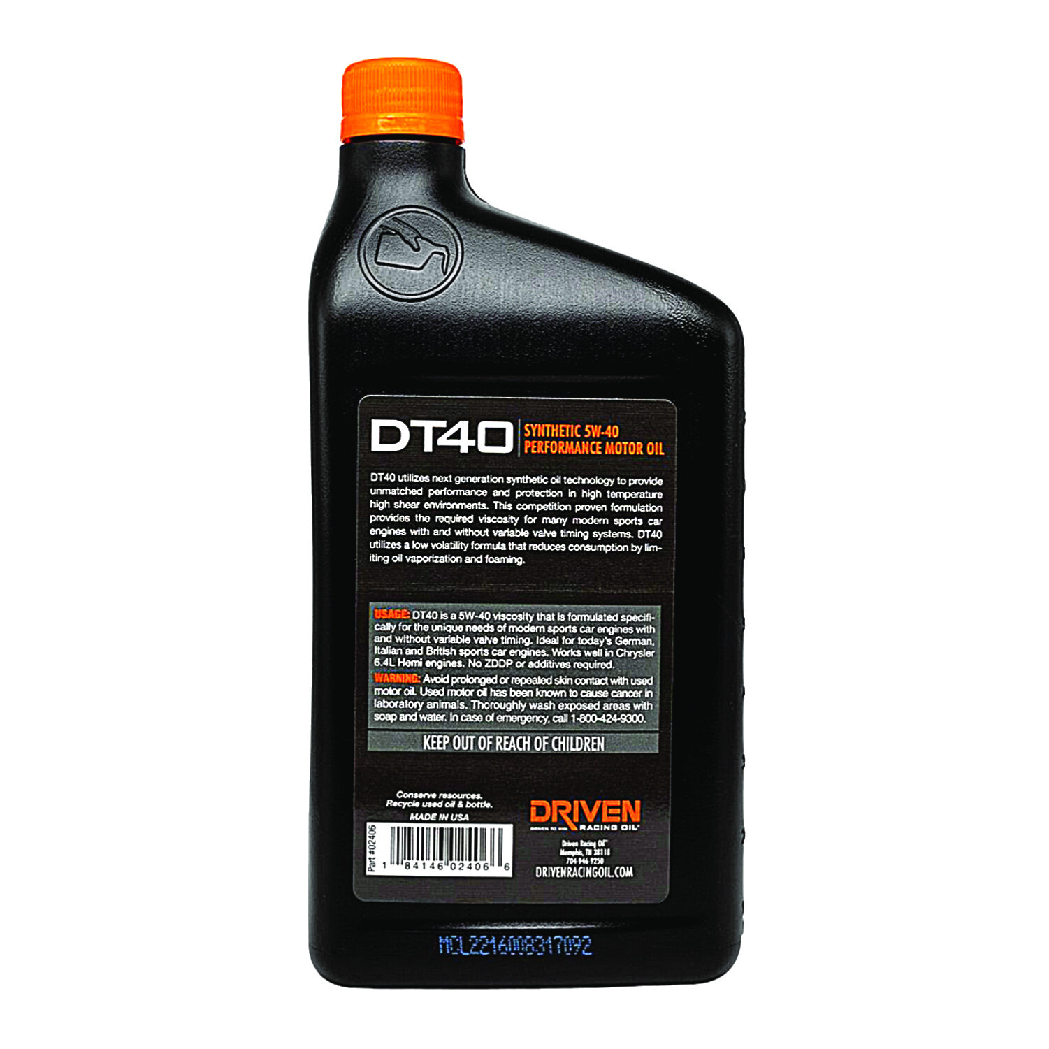 Driven Motor Oil – DT40 Racing Oil – High Zinc – 5W40 – Synthetic 12 qt – 02406