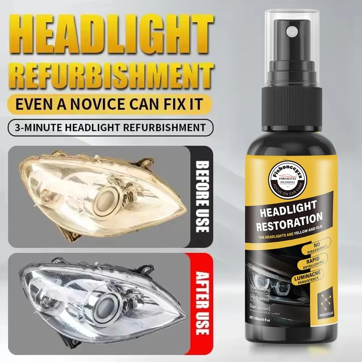 Car Headlight Restoration Spray Clear Lens Repair Polish Cleaner UV Protection