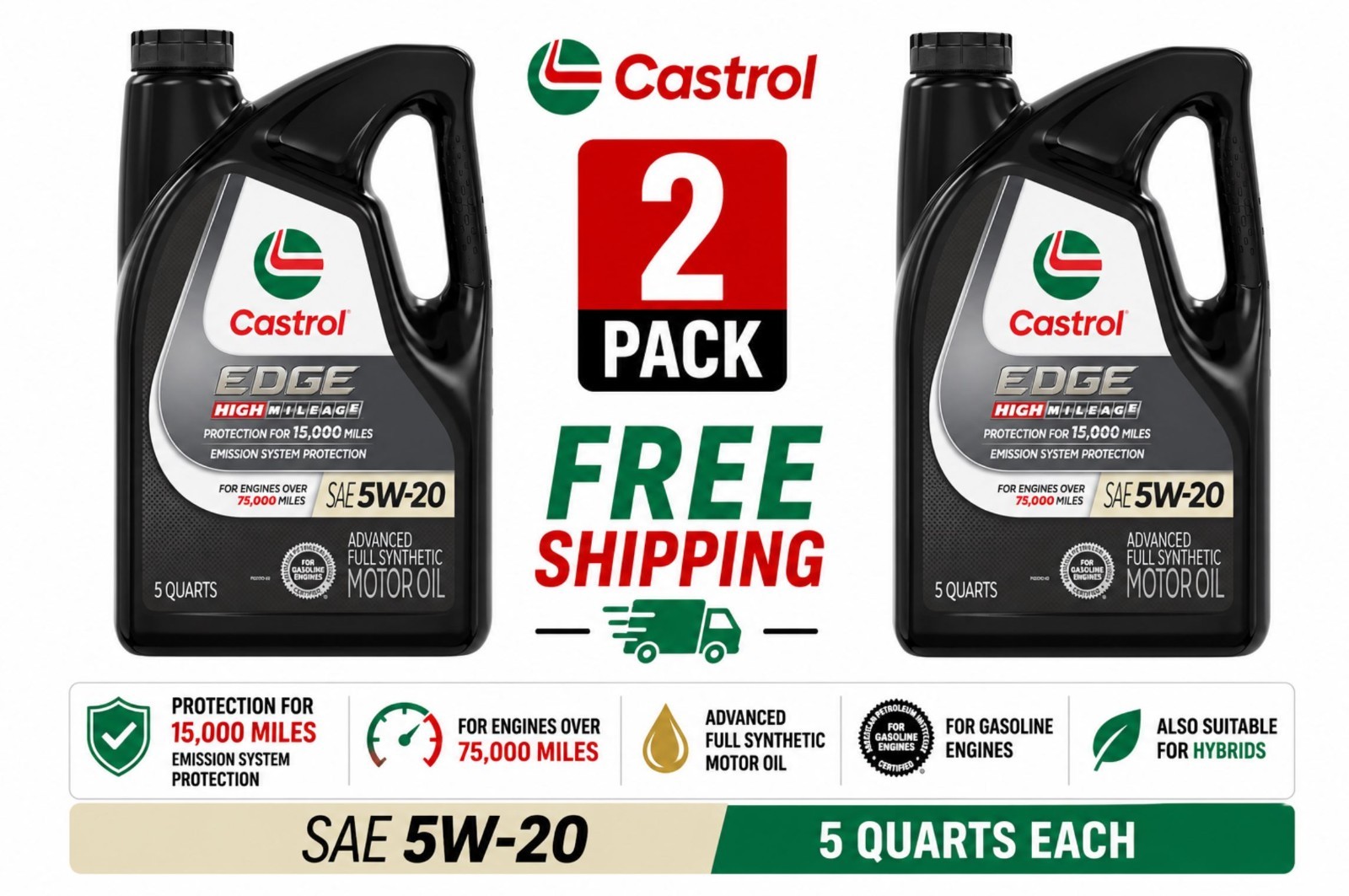 2 Pack Castrol EDGE High Mileage Full Synthetic 5W-20 Engine Oil 5 Quart