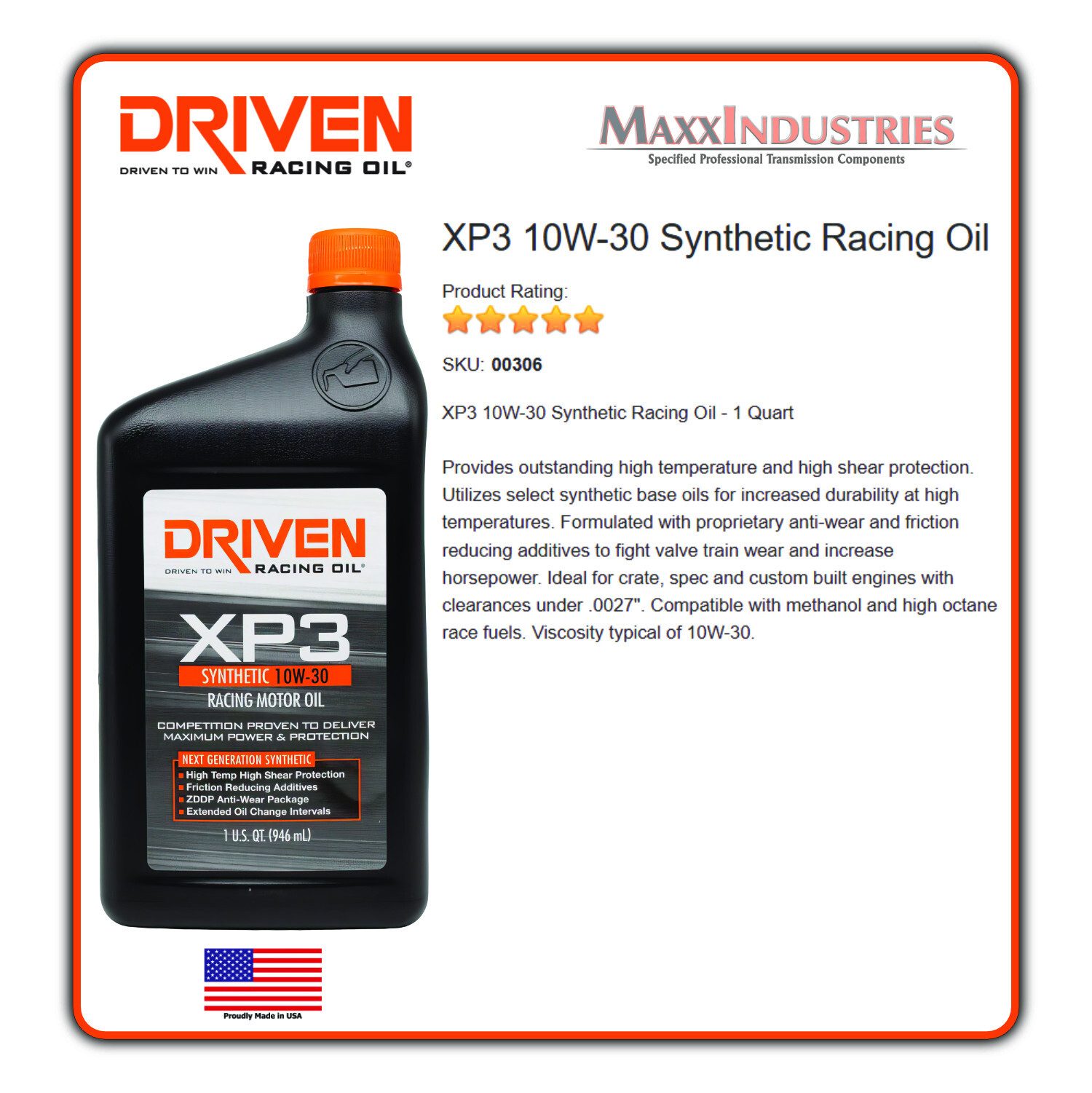 Driven Motor Oil – XP3 Racing Oil – High Zinc – 10W30 – Conventional – 6 qt