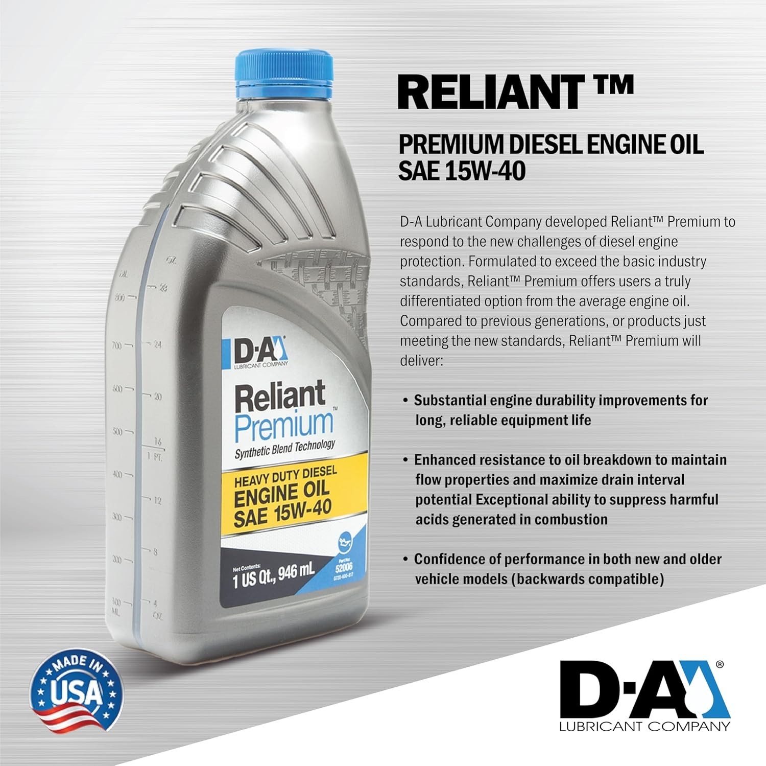 D-A Lubricant 52006, Reliant Premium Diesel Engine Oil SAE 15W-40, 1 Quart
