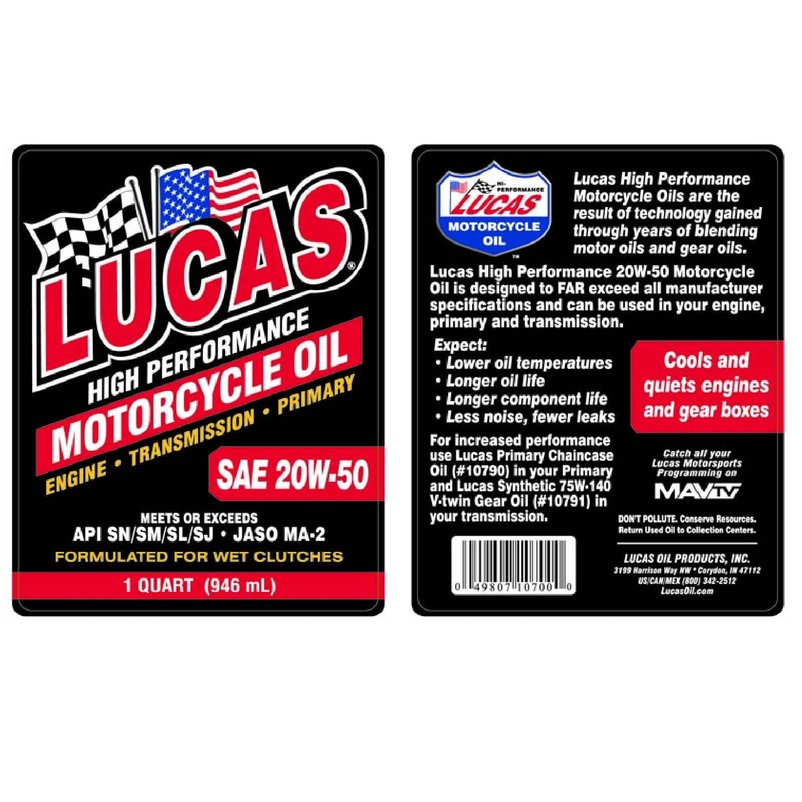 Lucas Oil 10700 Single High Performance SAE 20W-50 Motorcycle Oil 1 Quart Bottle