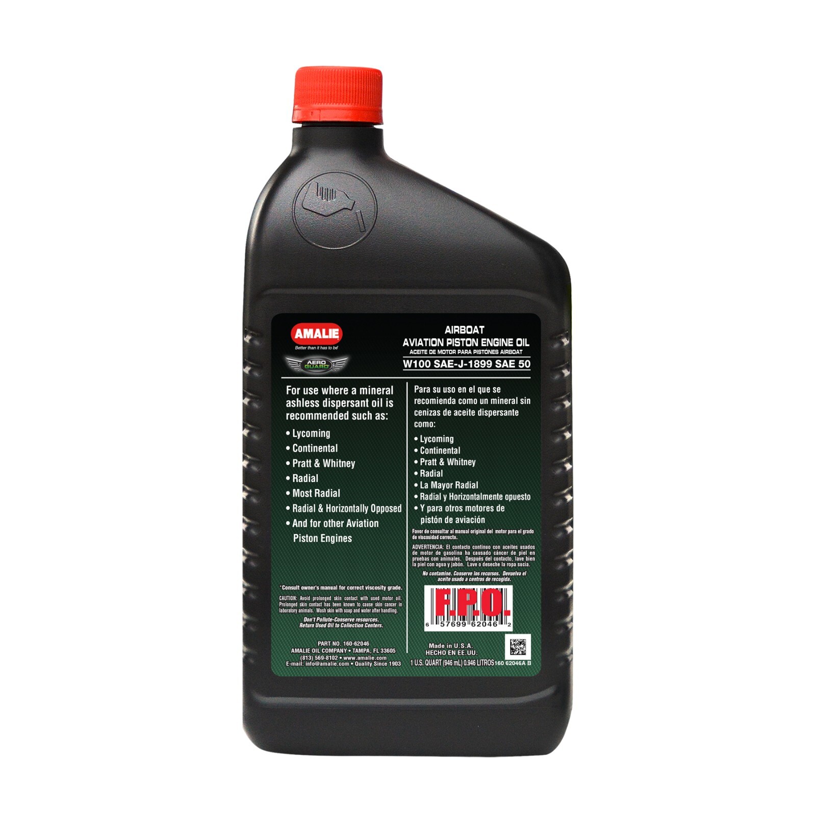 AMALIE AIRBOAT AVA PISTON ENG W100 50 (160-62046-56) 1 Quart Bottle, Pack of 12