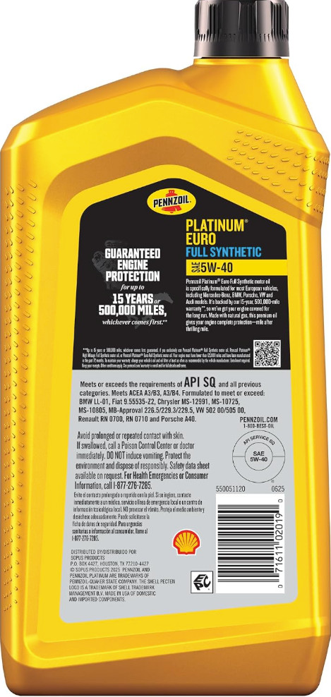 Pennzoil Platinum Euro Full Synthetic 5W-40 Motor Oil, 6 Pack, Yellow