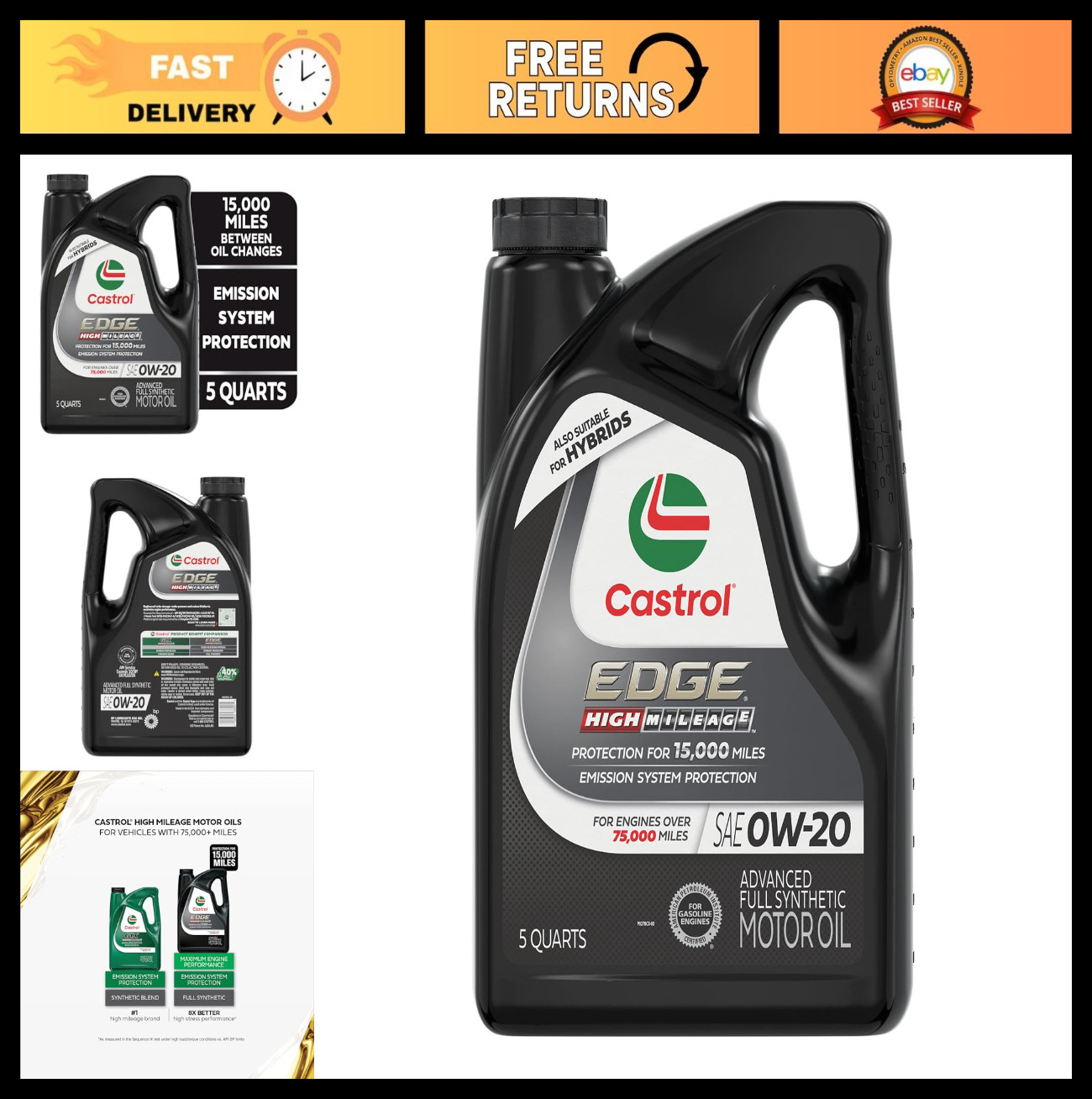 High Mileage 0W-20 Full Synthetic Motor Oil, Advanced Engine Protection, 5 Quart