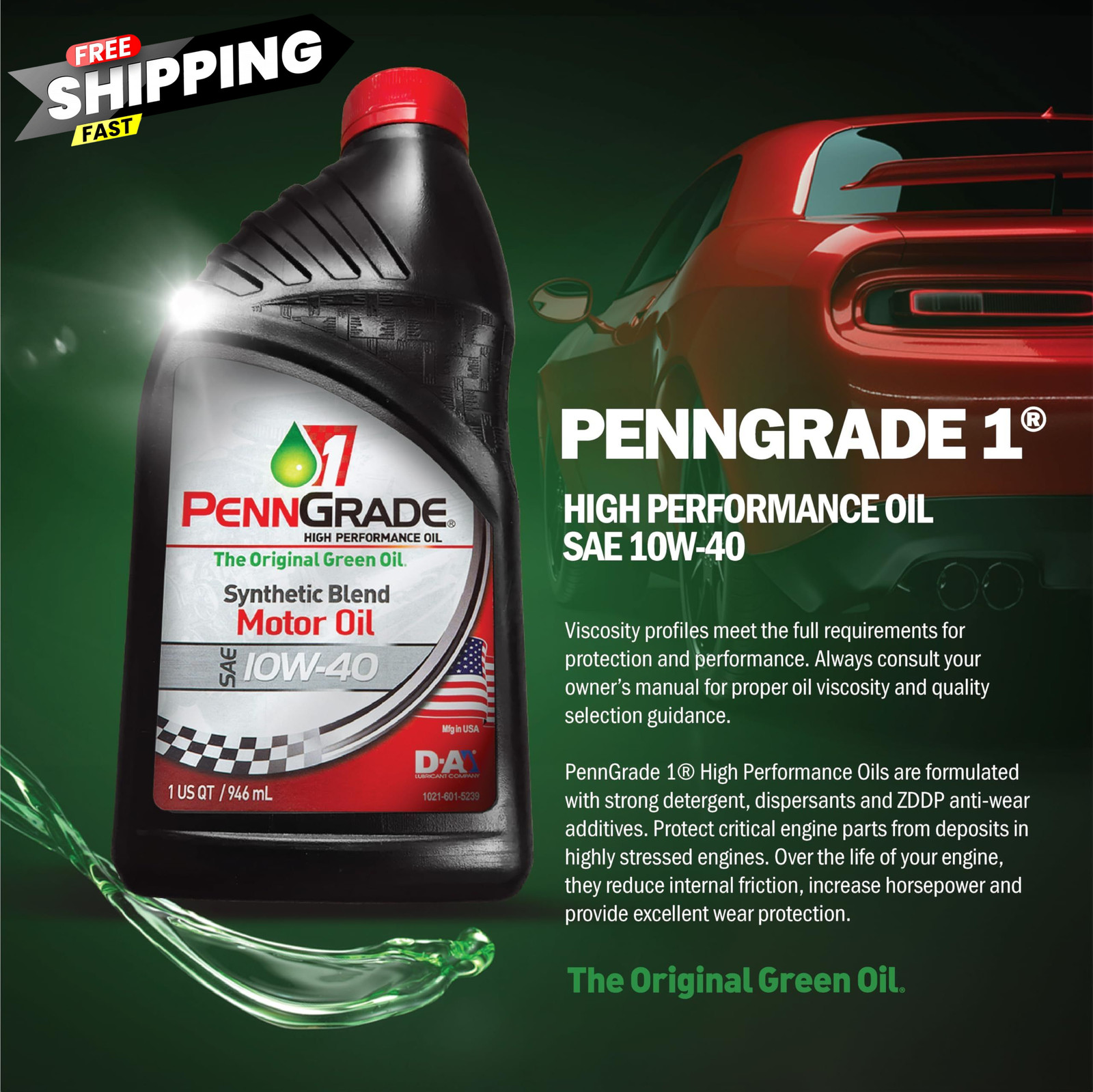 PENN GRADE 1, 71440, Synthetic Blend High Performance Oil SAE 10W-40, 1 Pack