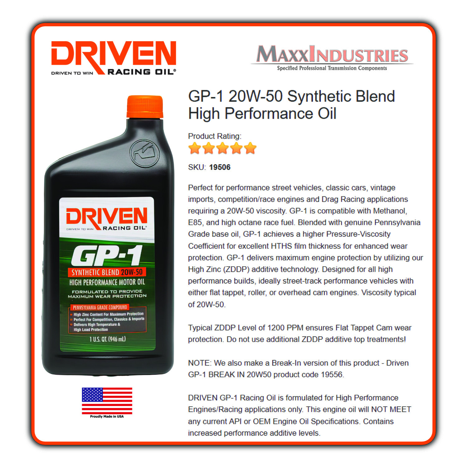 Driven Racing Oil Motor Oil GP-1 – 20W50 – Semi-Synthetic – 12 qt Bundle 19506