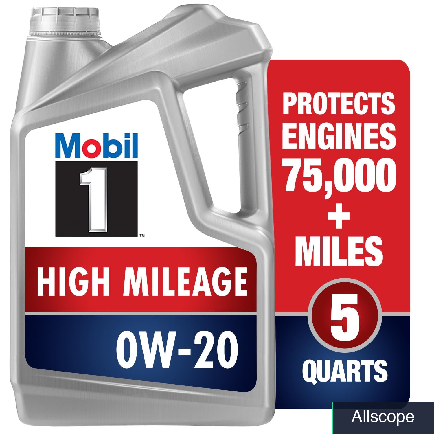 Mobil 1 High Mileage Full Synthetic Motor Oil 0W-20, 5 Quart