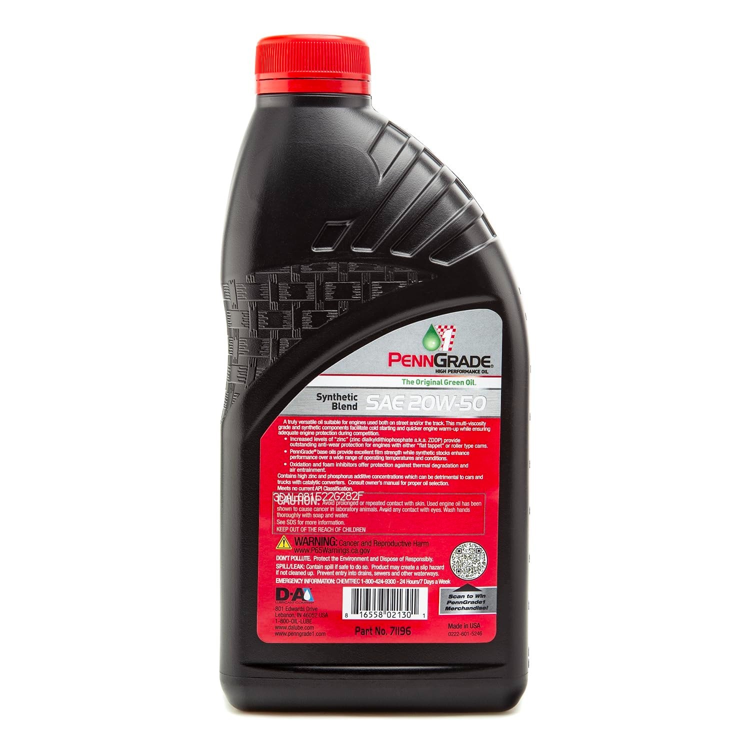 High Performance Synthetic Blend Oil SAE 20W-50, 1 Quart – Grade 1 Engine Lubric