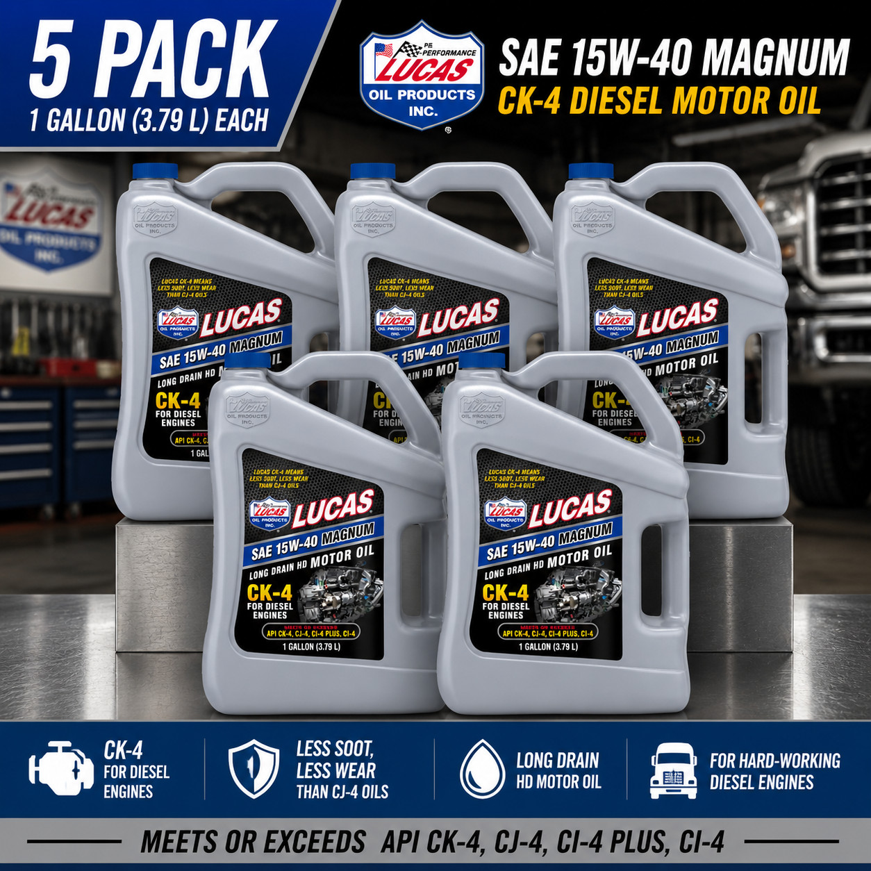 5 PACK LUCAS OIL 10287 SAE 15W-40 CK-4 Heavy Duty Engine Oil; 1 Gallon – SALE