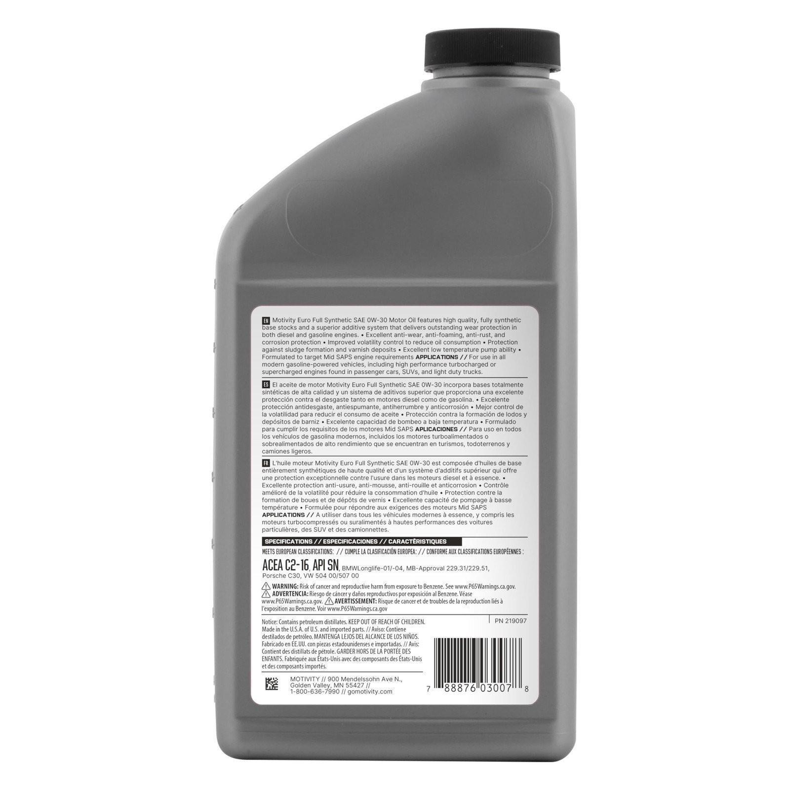 MOTIVITY Euro Full Synthetic SAE 0W-30 Motor Oil – 6 Pack of 1 Quart Bottles
