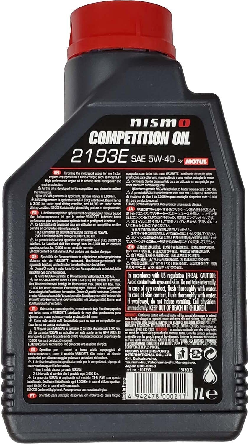104253 Motul 2193E Nismo Competition GT-R 5W40 100% Synthetic Engine Oil 1 Liter