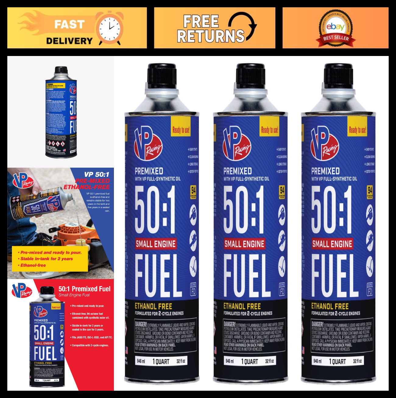 Premium 2-Cycle Small Engine Fuel 50:1 Premixed Quart – 3 Pack for Lawn Mowers &