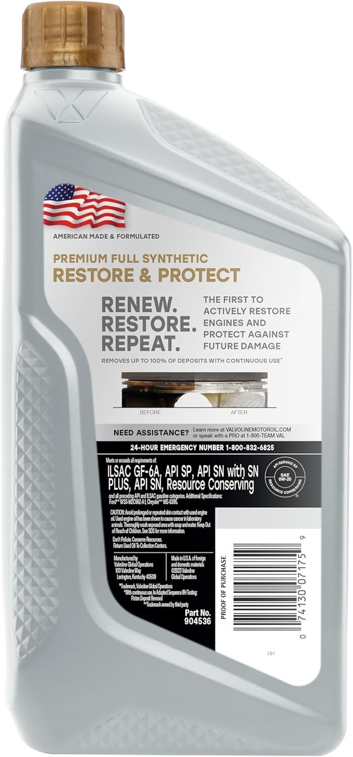 1 Quart of Restore & Protect 0W-20 Full Synthetic Motor Oil for Cars & Trucks