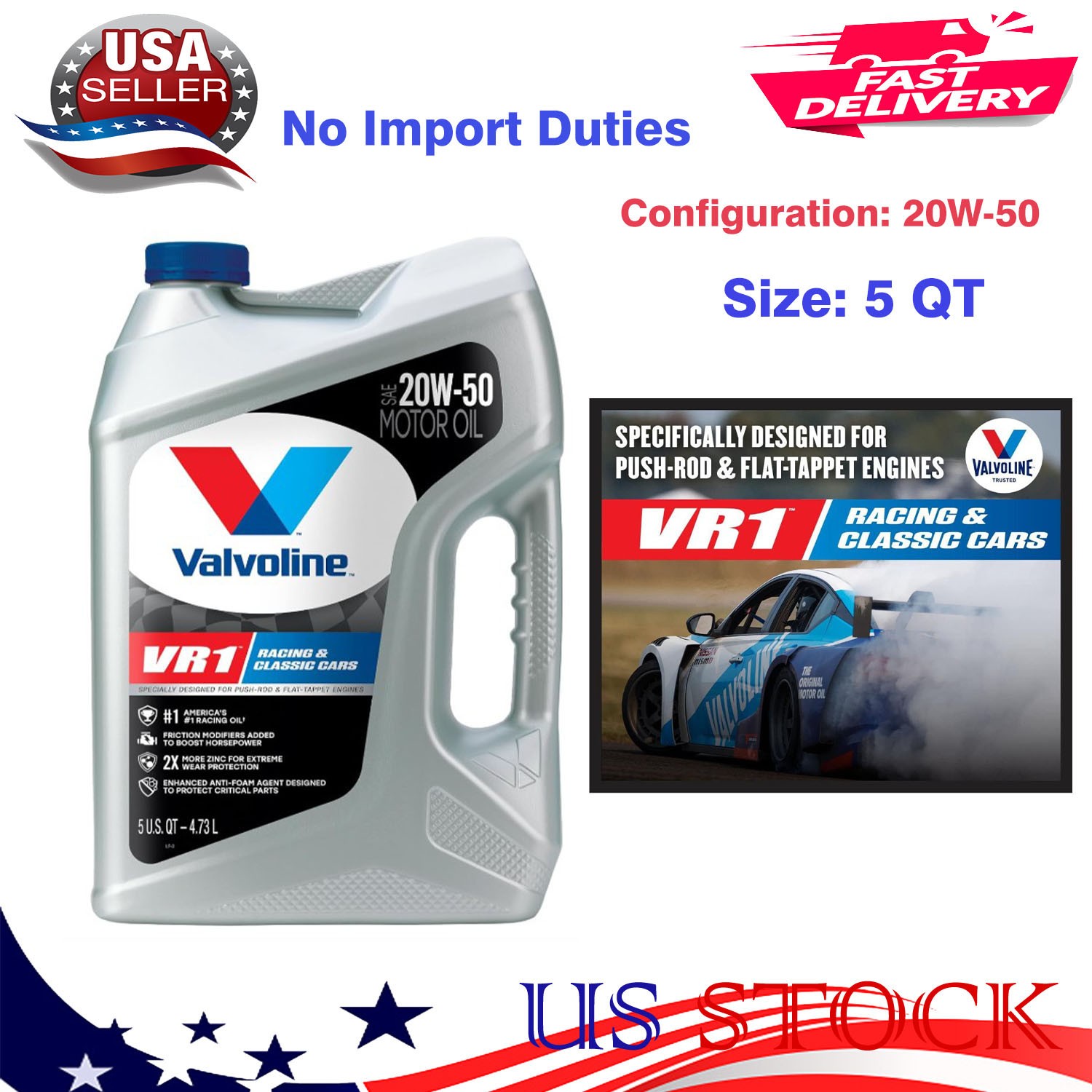 Valvoline VR1 Racing SAE 20W-50 Motor Oil 5 QT, Help Minimize Friction, New