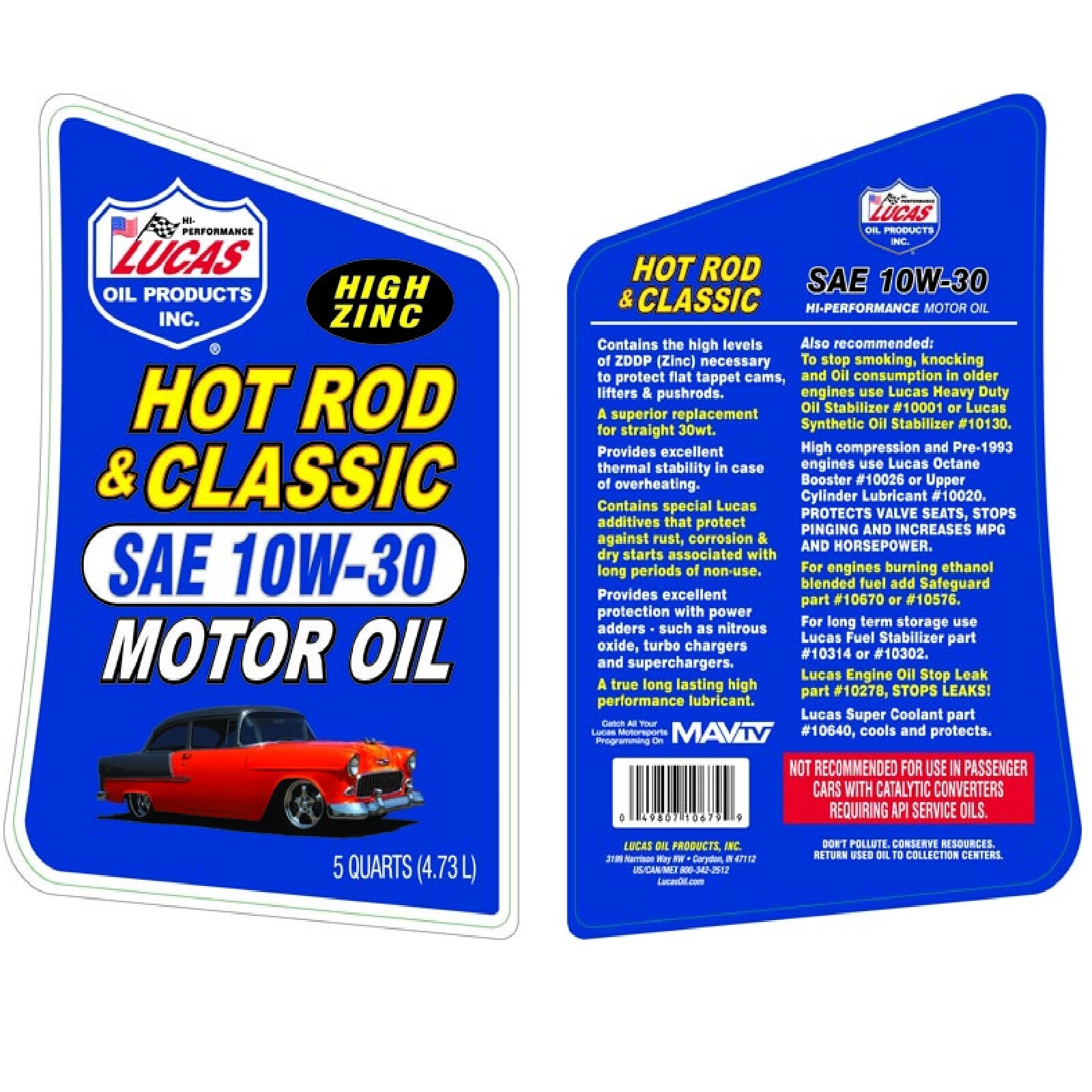 Lucas Oil 10679 Hi-Performance Hot Rod & Classic Car 10W-30 Oil 5 Quart Bottle