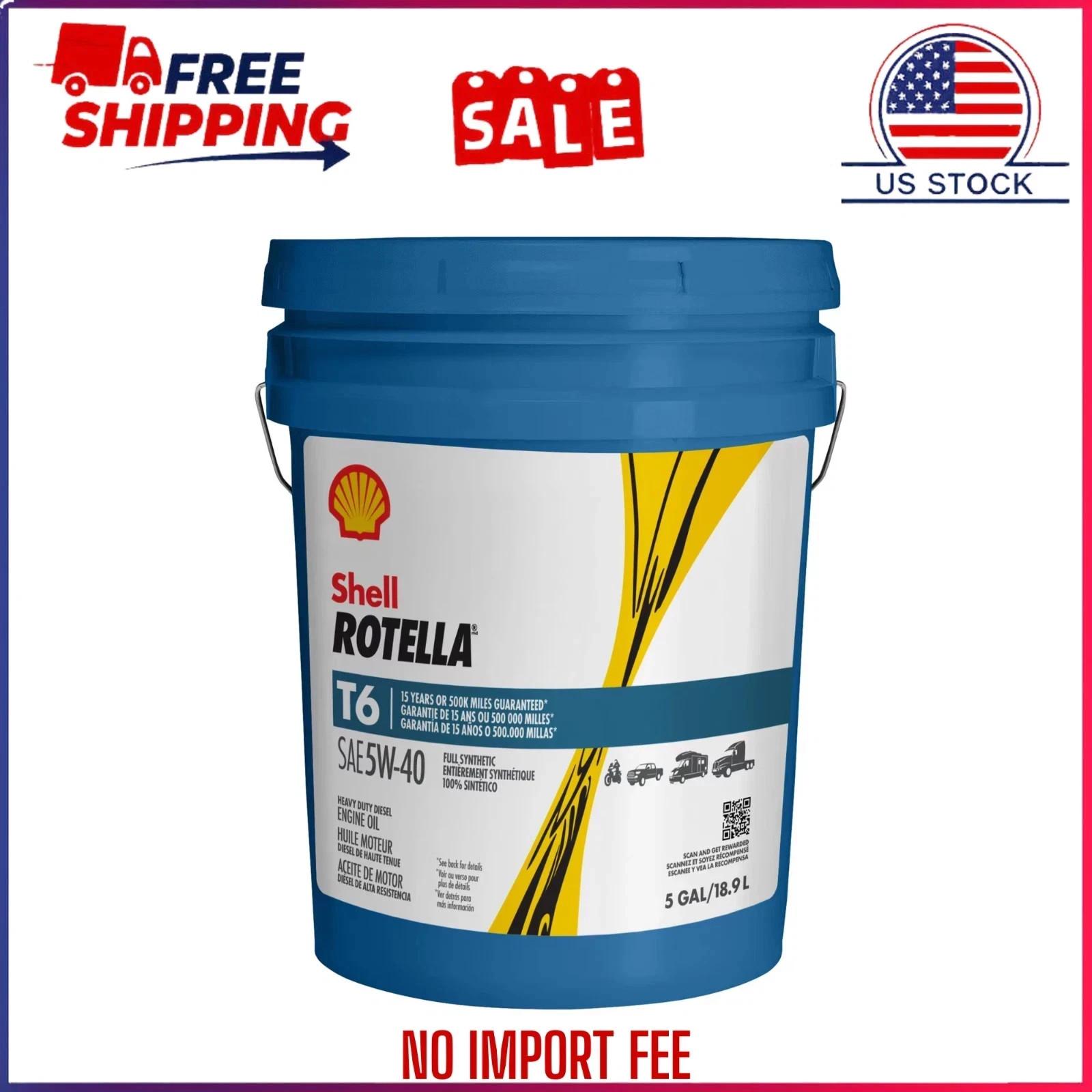 Shell ROTELLA T6 Diesel Engine Full Synthetic 5W-40 Motor Oil 5 Gallon