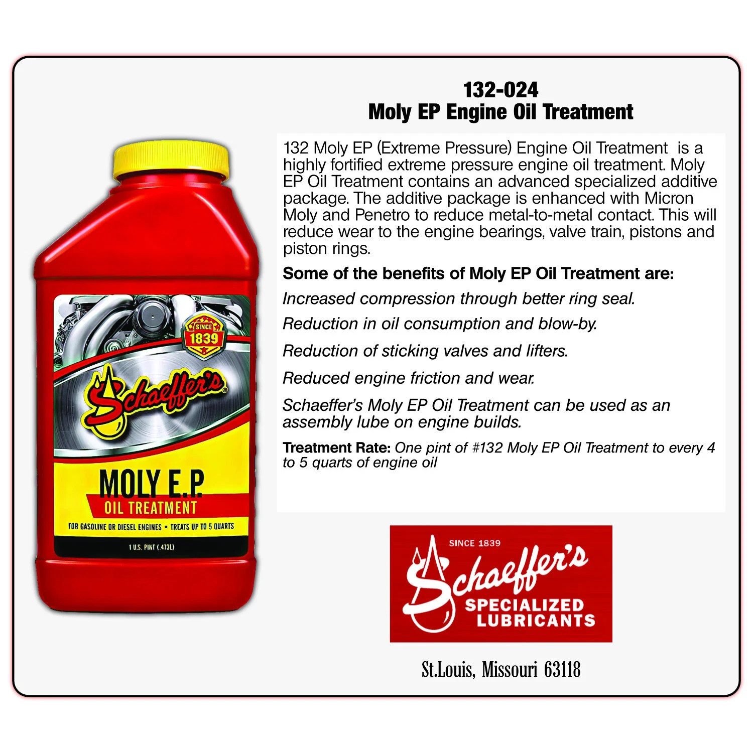 Schaeffer Motor Oil 132 Moly EP Engine Oil Treatment – 1 Pint 0132-023