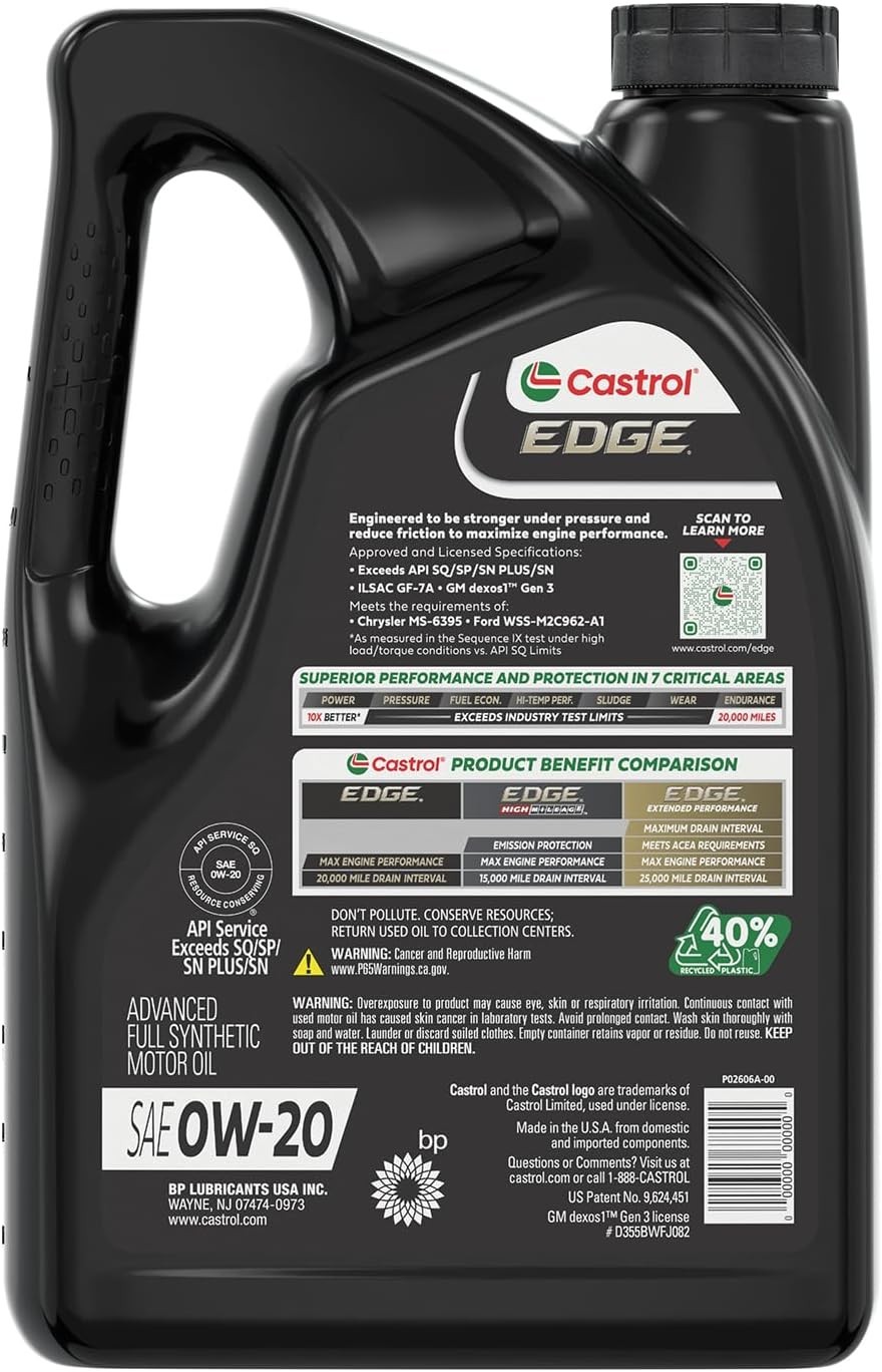EDGE 0W-20 Advanced Full Synthetic Oil – 5 Quart Jug for Universal Fit Vehicles