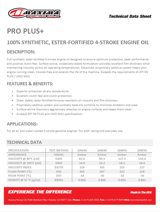 Maxima Pro Plus+ 10W-40 Synthetic 4T Motorcycle Engine Oil – 1 Gallon