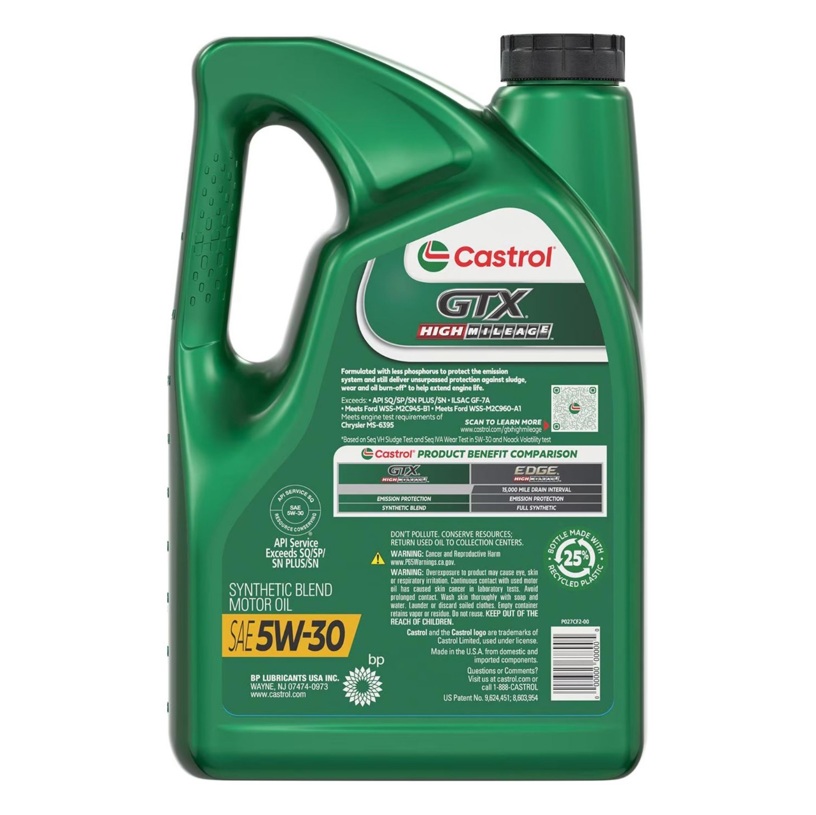 2 Pack Castrol GTX High Mileage Synthetic Blend 5W-30 Engine Oil 5 Quart