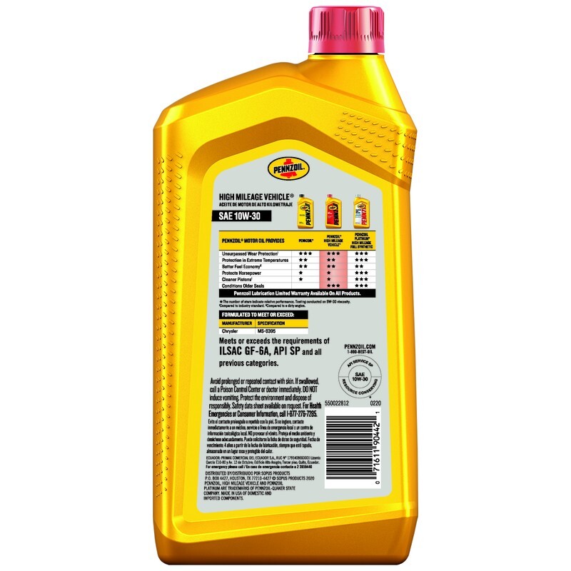 Pennzoil High Mileage Vehicle SAE 10W-30 Motor Oil For Gasoline Engines 1 Qt