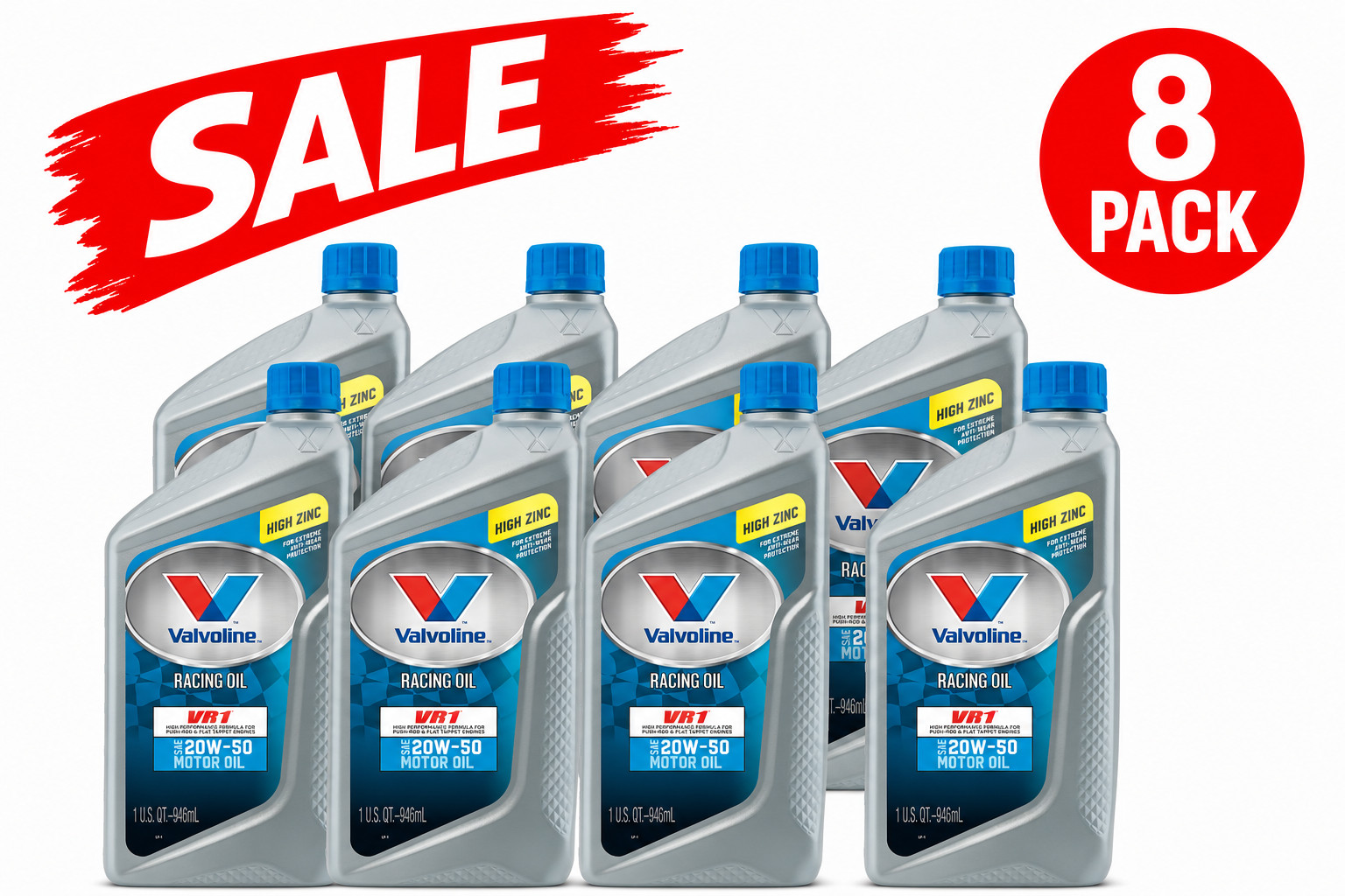 8 PACK- VALVOLINE 822347 VR1 Racing Motor Oil; SAE 20W-50; Quart-SALE