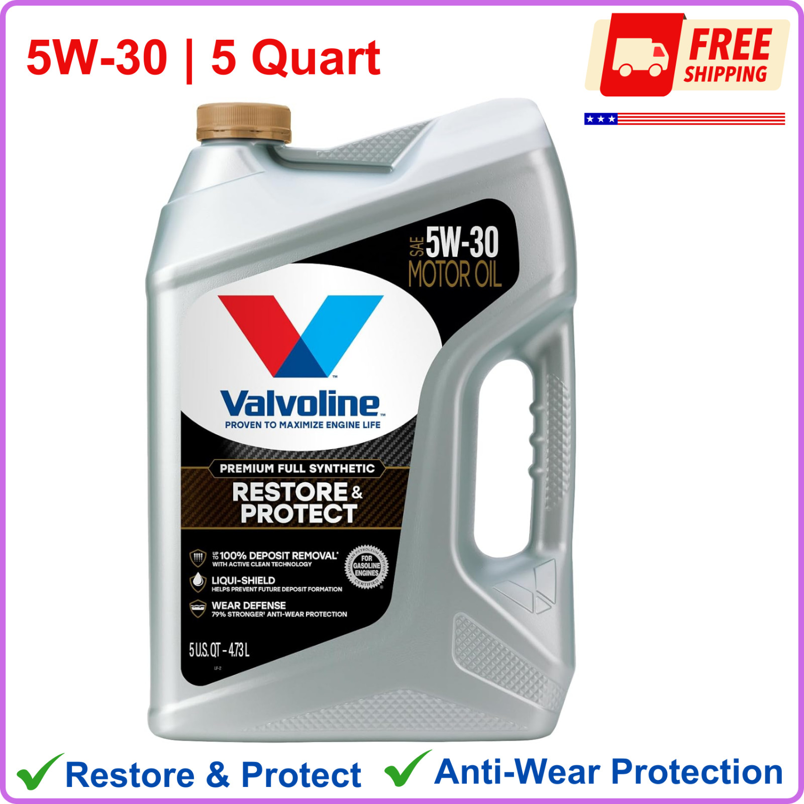 Valvoline Restore & Protect Full Synthetic 5W-30 Motor Oil, 5 Quart, Anti-wear
