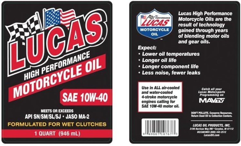 Lucas High Performance SAE 10W-40 Motorcycle Oil – 1 Quart for Ultimate Engin…