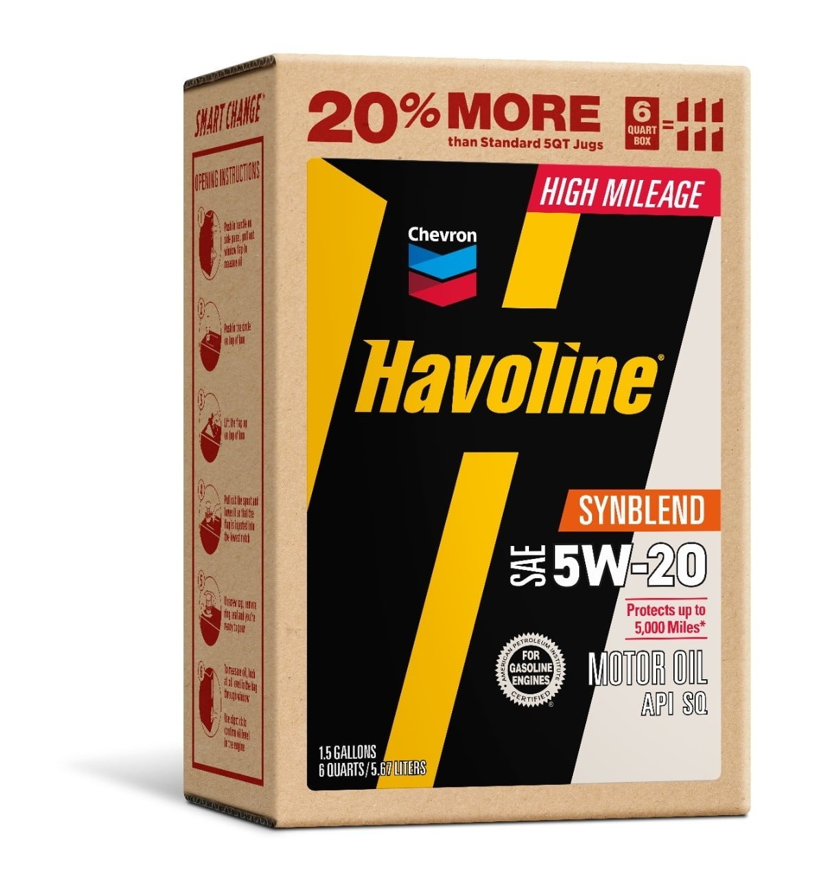 Chevron Havoline High Mileage Synthetic Technology Motor Oil 5W-20 6 Quart 2Pack