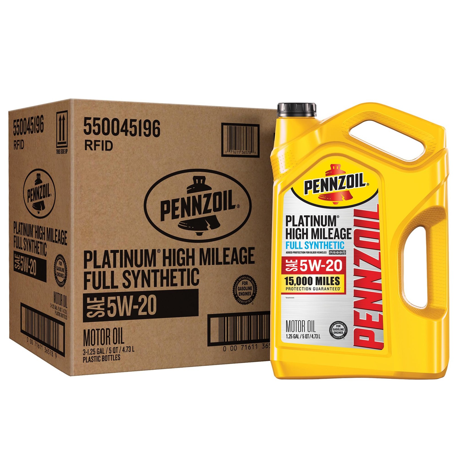 Pennzoil Platinum High Mileage Full Synthetic 5W-20 5 Quart, Amber/Brown