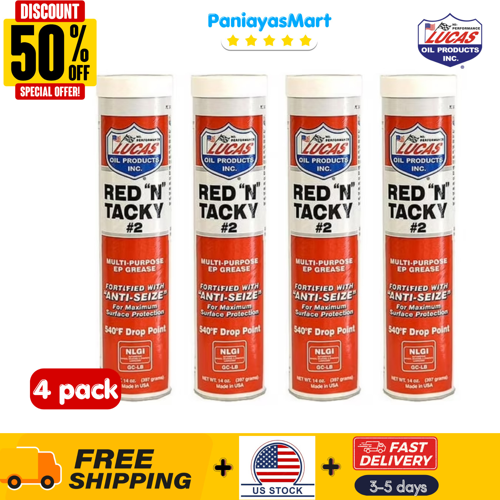 (4 pack) Lucas 10005 Red N Tacky EP Grease Multi-Purpose Lubricant 14 Oz