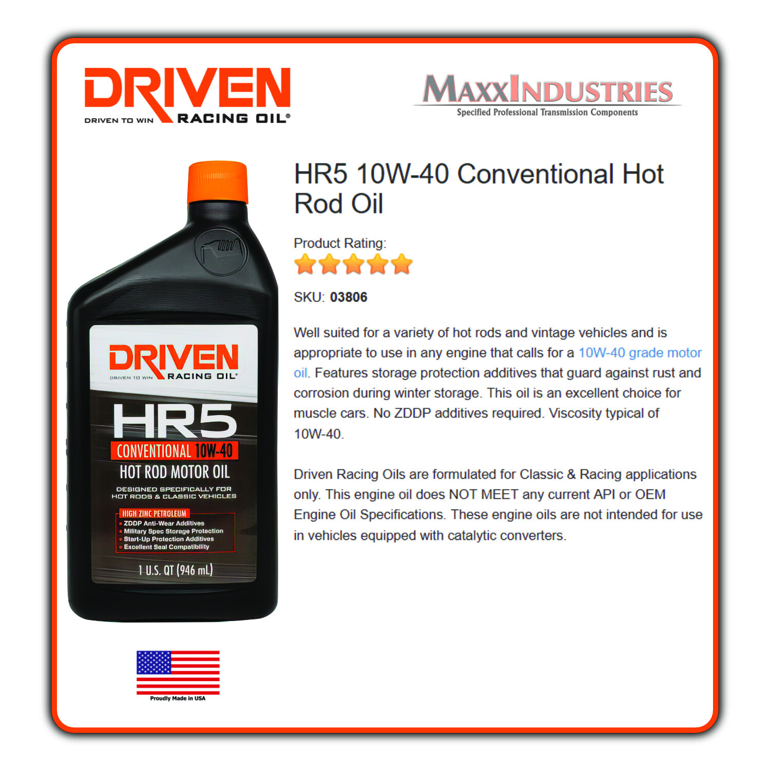 Driven Motor Oil – HR5 Hot Rod Oil – High Zinc – 10W40 – Conventional – 6 qt