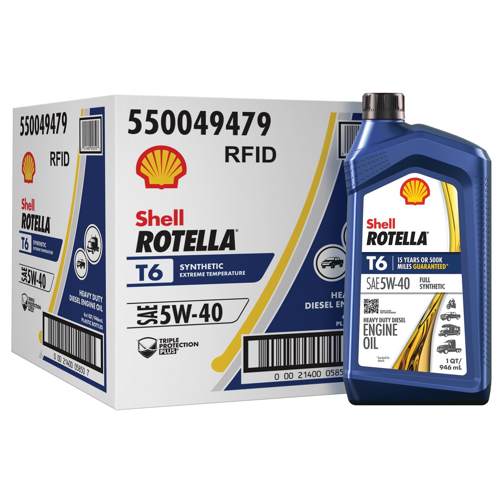 Shell Rotella T6 Full Synthetic 5W-40 Diesel Engine Oil 1 Quart 6 Pack