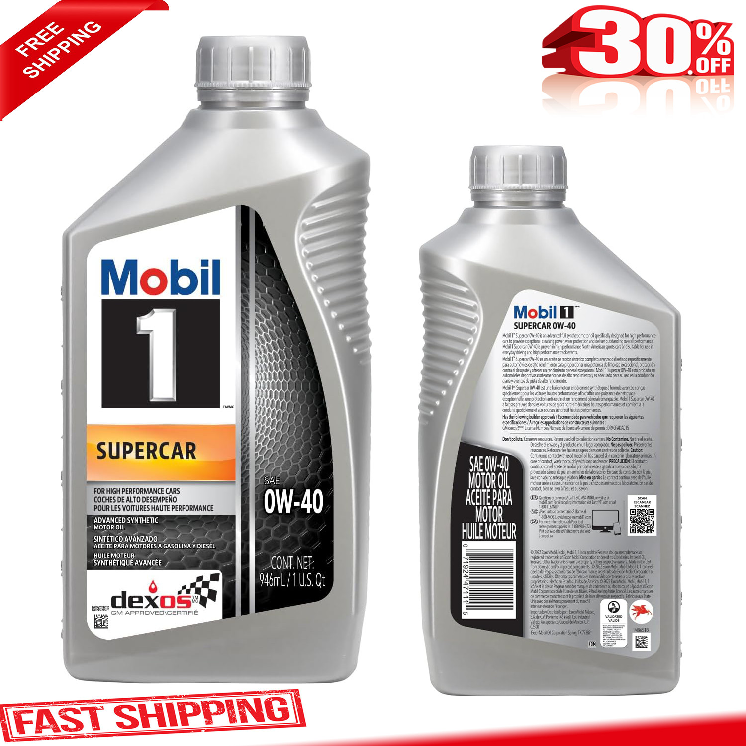 Supercar Advanced Full Synthetic Motor Oil 0W-40 6-pack of 1 Quarts Reduce Oil