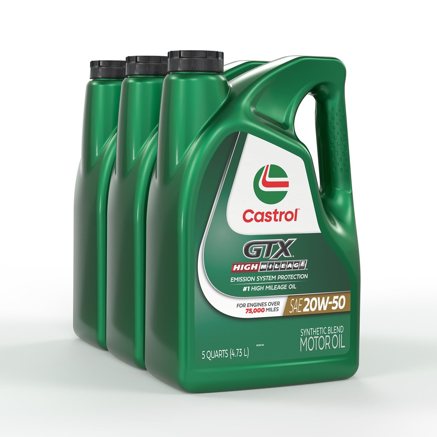 Castrol GTX High Mileage 20W-50 Synthetic Blend 5 Quarts, Pack of 3, Amber