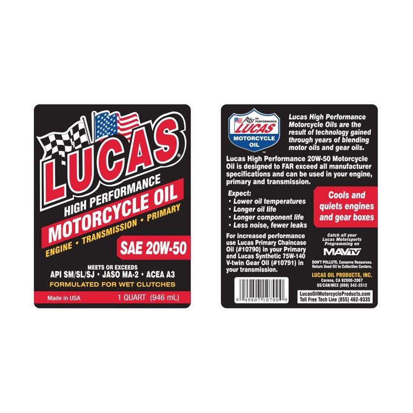 Lucas Oil 10700 20W50 Conventional Motorcycle Oil, Quart, Case/6
