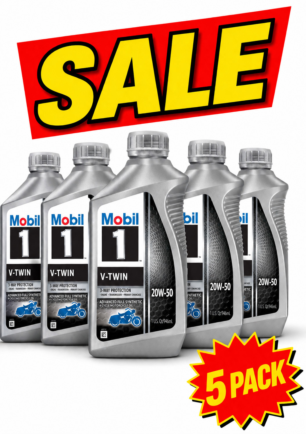 5 PACK-MOBIL 112630 Mobil 1 V-Twin;Full Synthetic Motorcycle Oil;SAE 20W-50;1 Qt