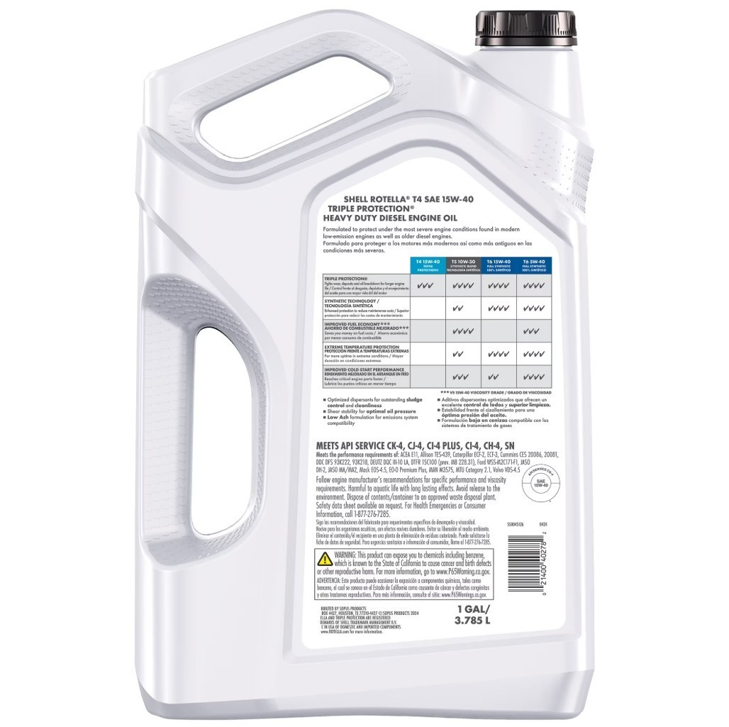 3 PACK Shell Rotella T4 Triple Protection 15W-40 Diesel Engine Oil, 1 Gallon