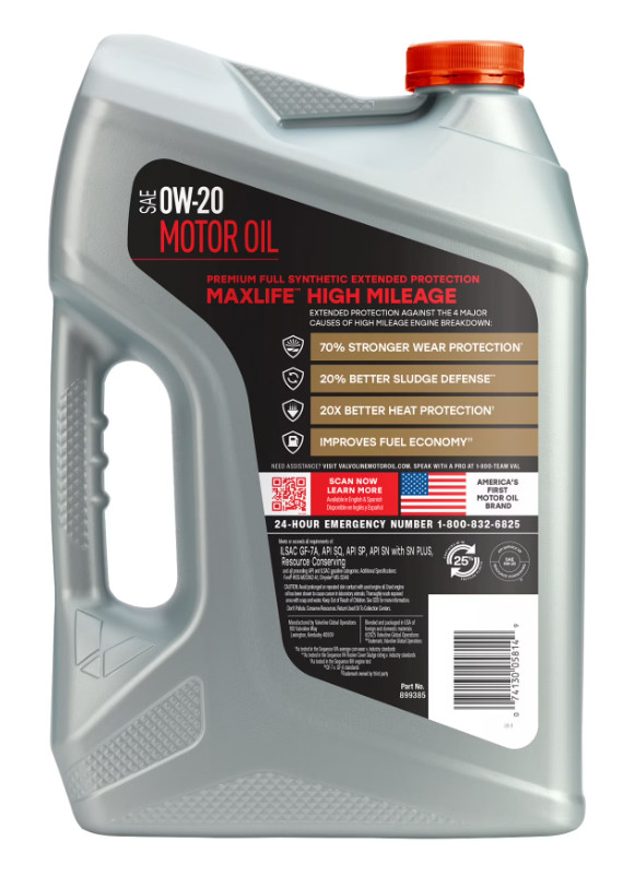 Valvoline MaxLife Extended Protection Full Synthetic 0W-20 Motor Oil 5 QT