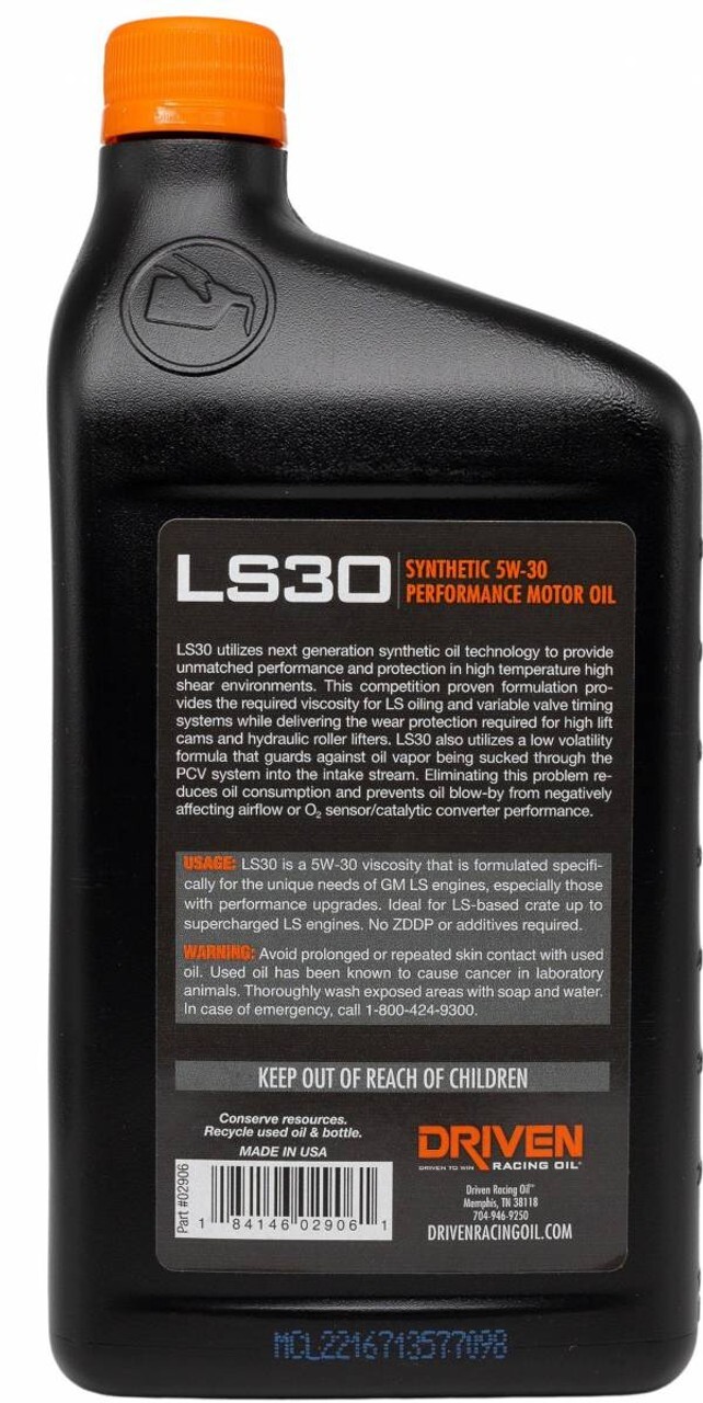 Driven Racing LS30 5W-30 Synthetic Oil – Set of 6 Quarts – 02906 LS LS1 LS3 LQ4