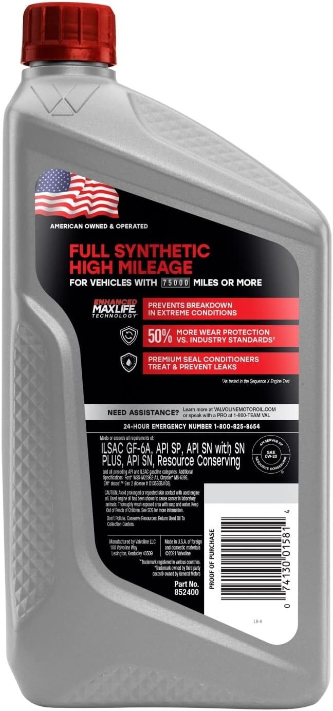 Full Synthetic High Mileage SAE 0W-20 Motor Oil | Pack of 2 QT Bottles