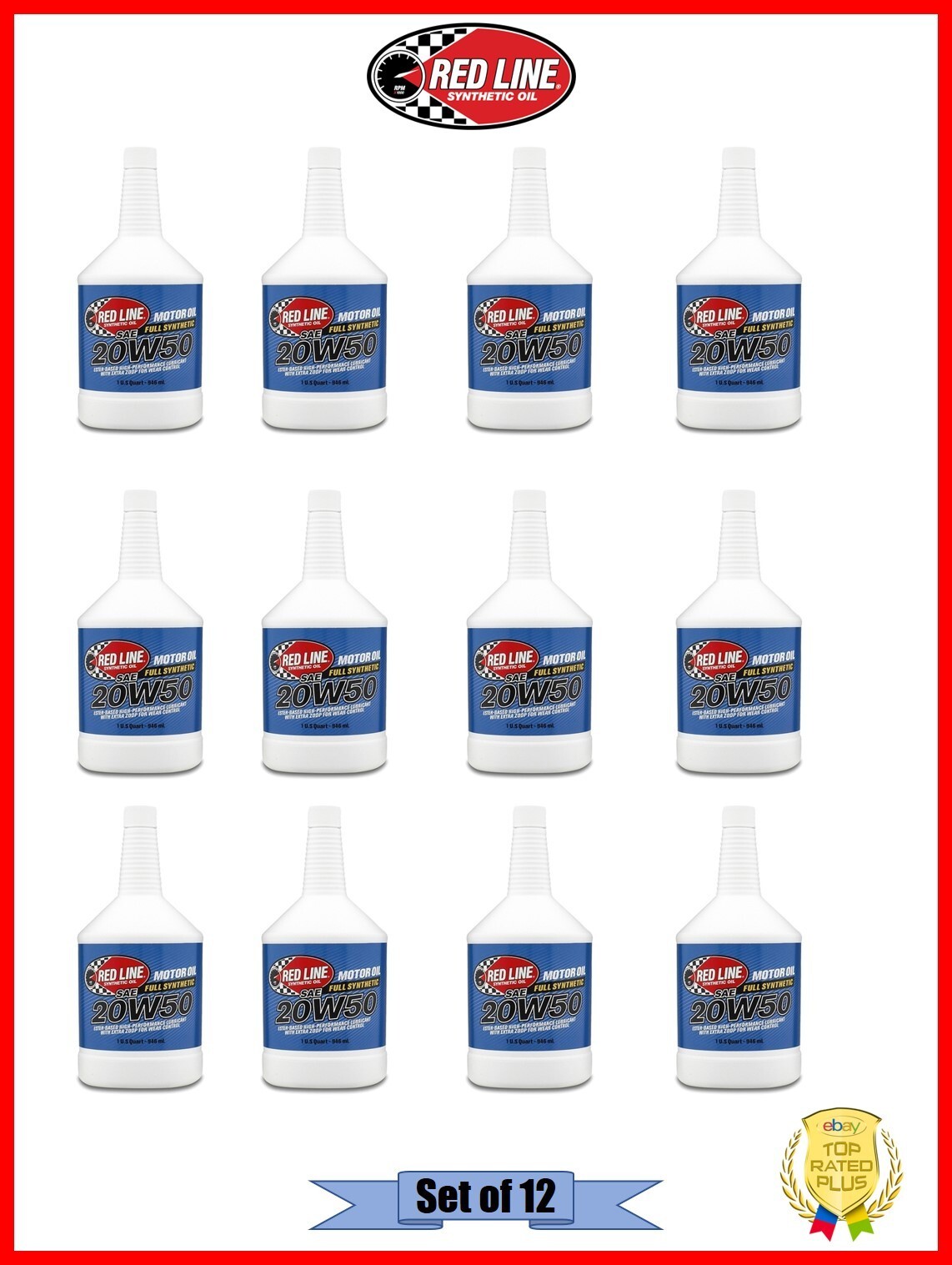 Red Line 20W50 Motor Oil API SN/SM/SL/SJ/SH/SG ACEA Quart Set of 12 12504