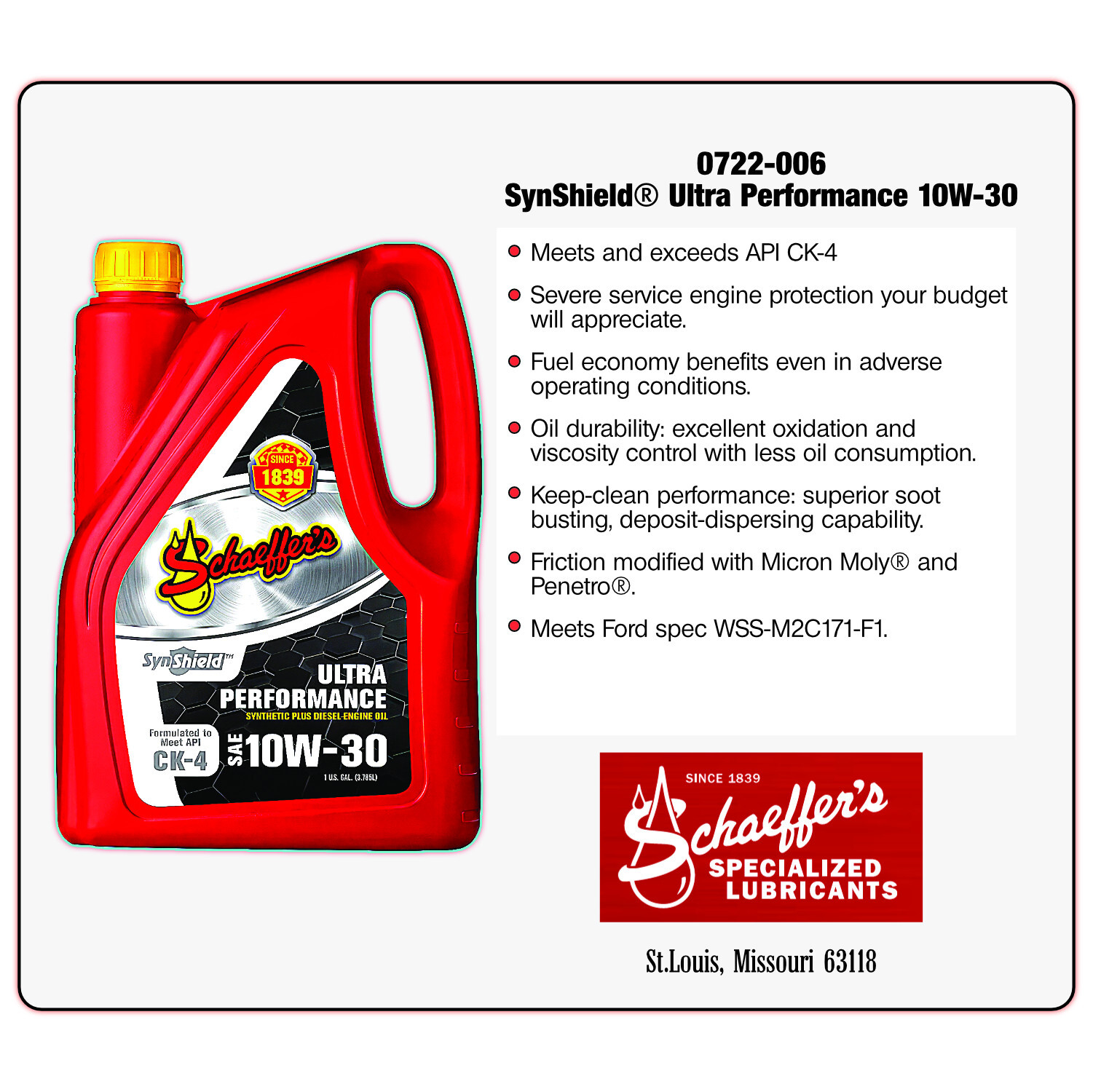 Schaeffer Diesel Engine Oil 0722-006 SynShield® OTR Plus 10W-30 – 1-gallon