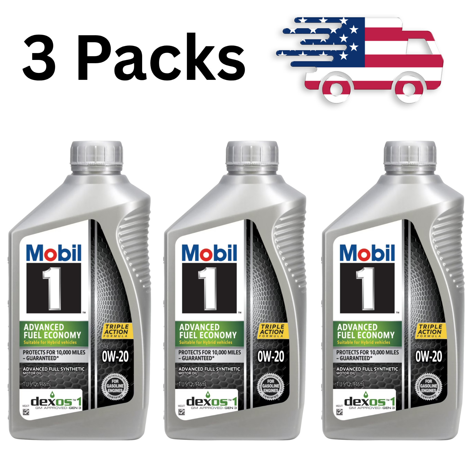 (3 pack) Mobil 1 Advanced Fuel Economy Full Synthetic Motor Oil 0W-20, 1 Quart
