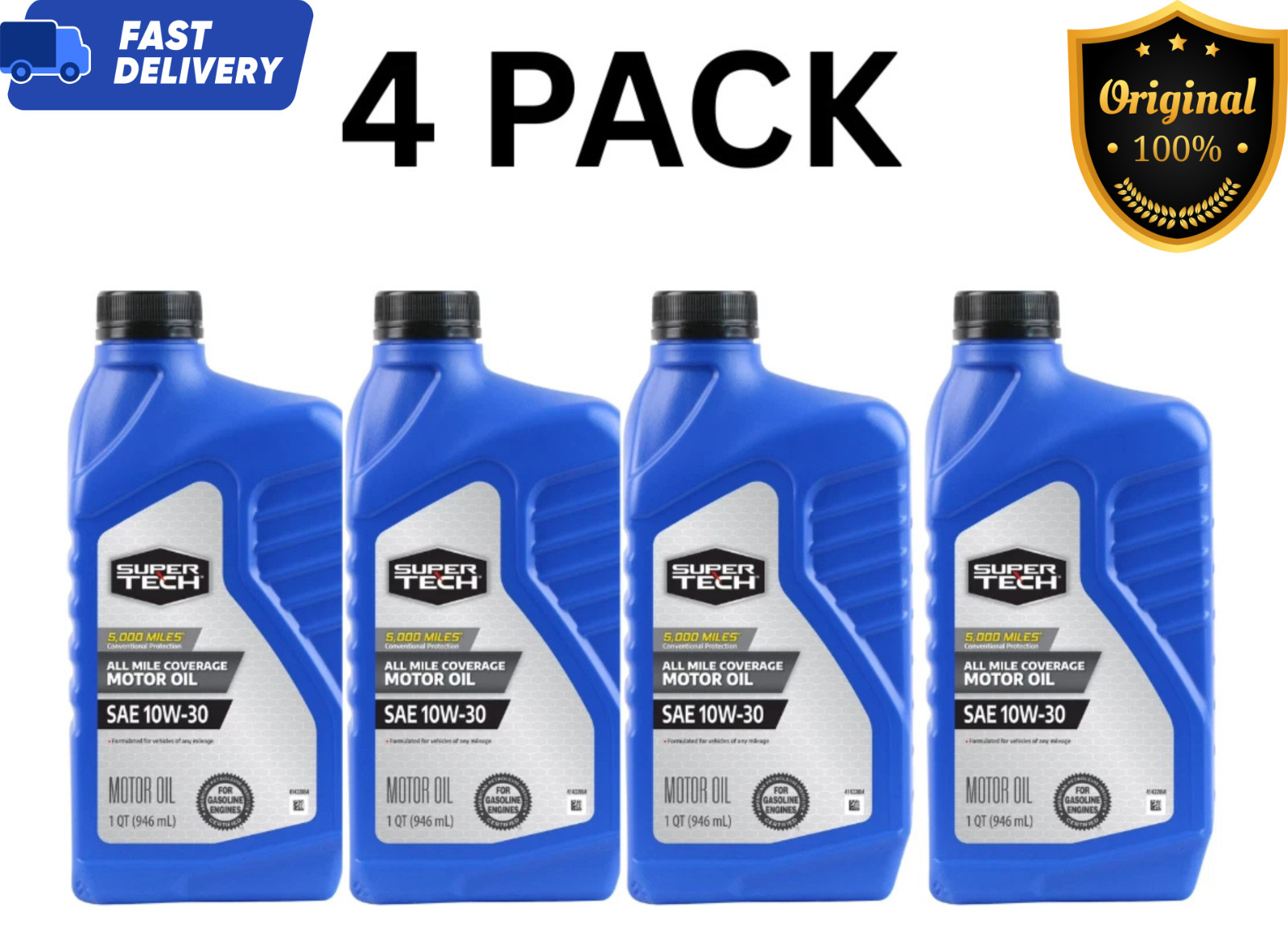 4 Pack Super Tech SAE 10W30 All Mileage Engine Oil Synthetic Blend