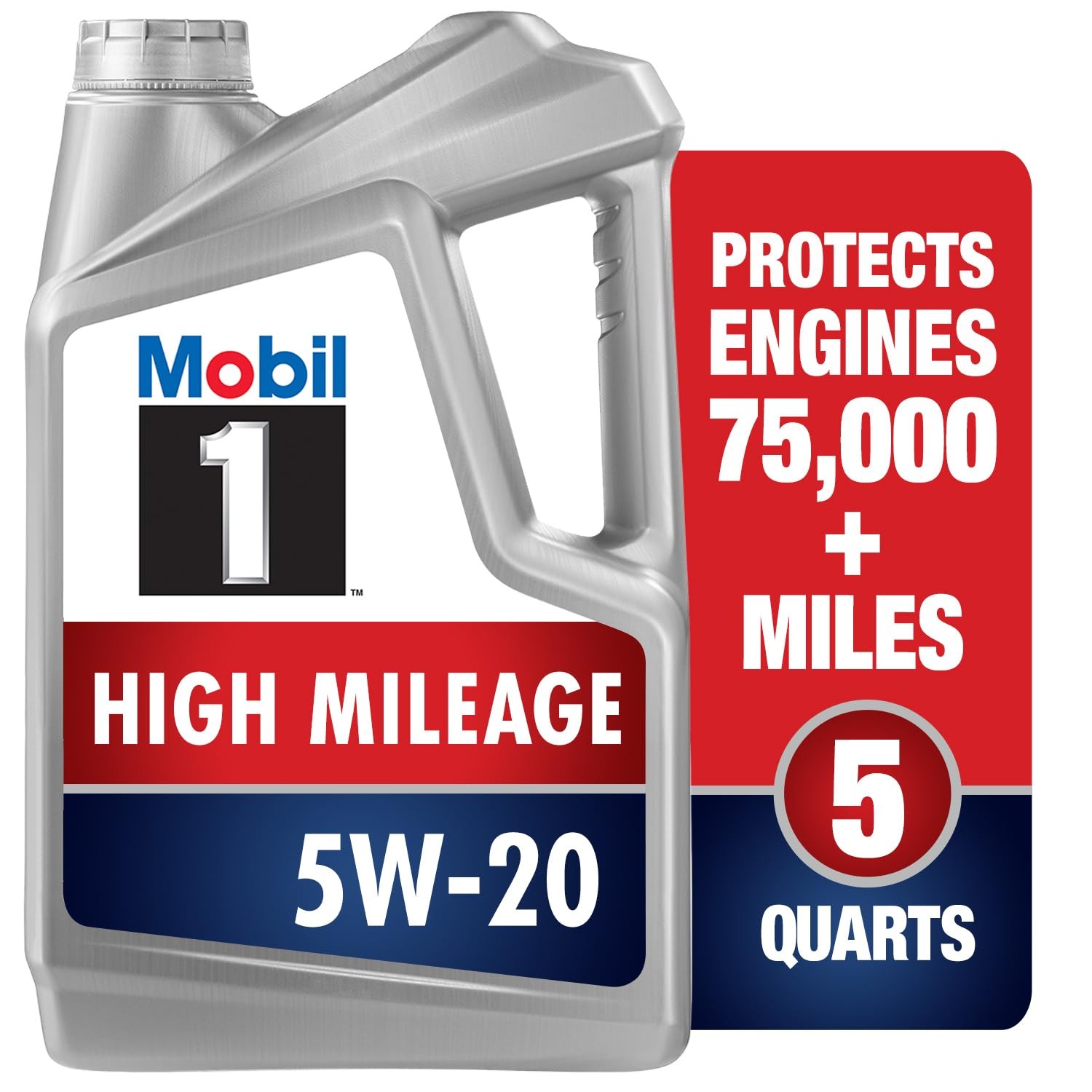 Mobil 1 High Mileage Full Synthetic Motor Oil 5W-20, 5 Quart 5 Quart, Gray